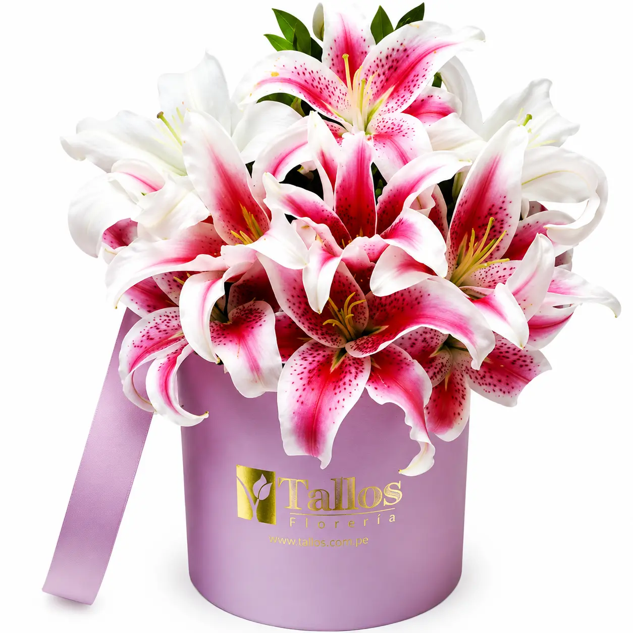 arreglo floral en box rosado con lirios para regalo con entrega en Lima